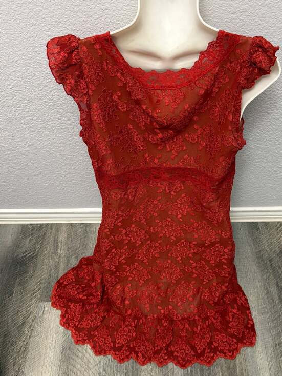 Vintage Bebe Y2K Floral Lace Mini Dress with Ruffle-Rust - Picture 5 of 5